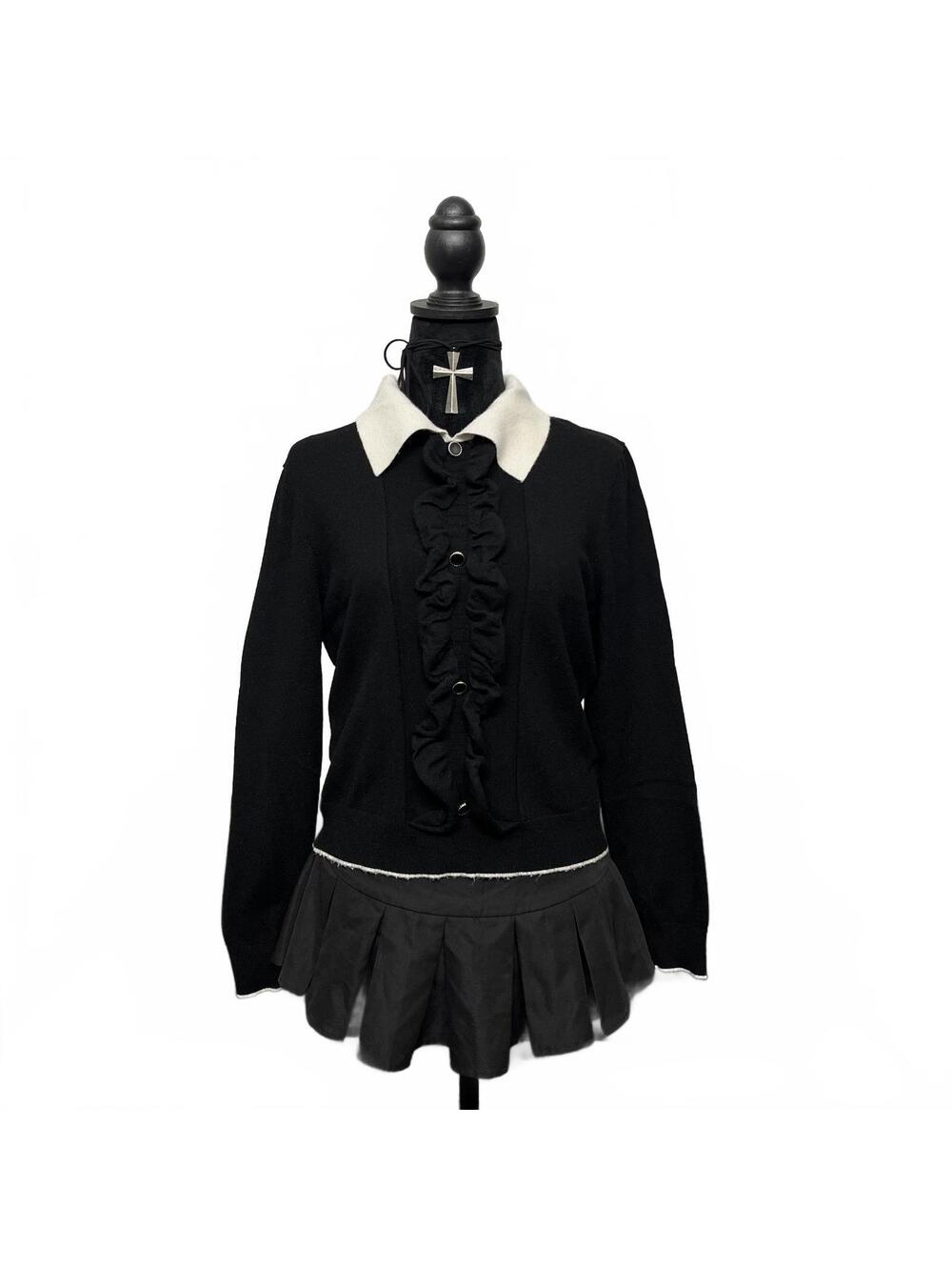 Le Chateau Sz L Gothic Black & White Collared Sweater Buttons & Ruffles Details